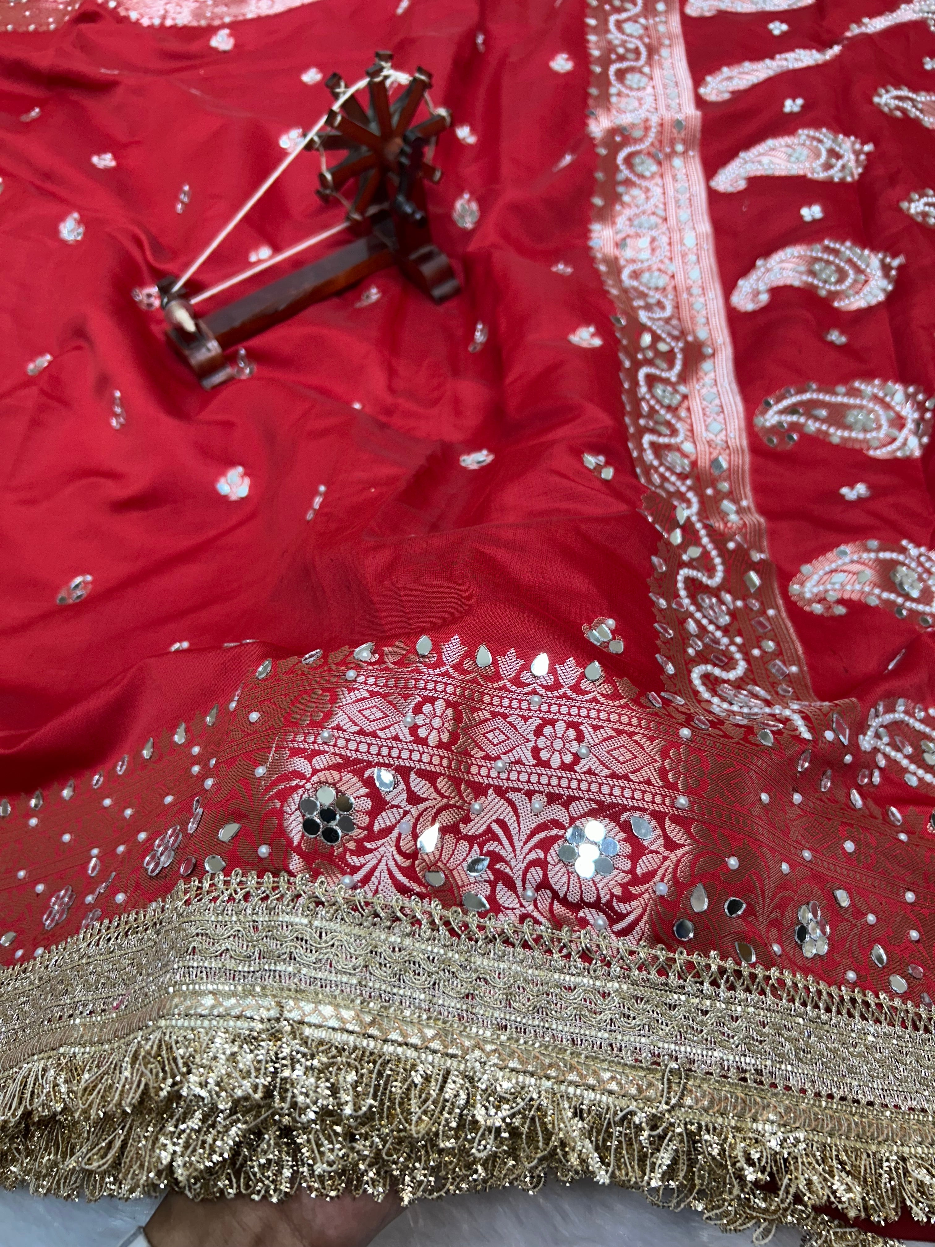 Banarasi Katan Traditional Handmade Mirror & Lace Work Red saree