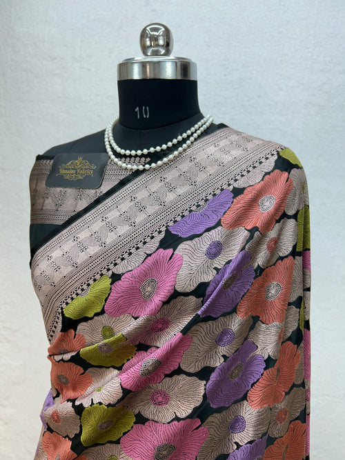 Banarasi Handloom Black mashru Katan Silk Saree With Multi Clor Minakari Weaving
