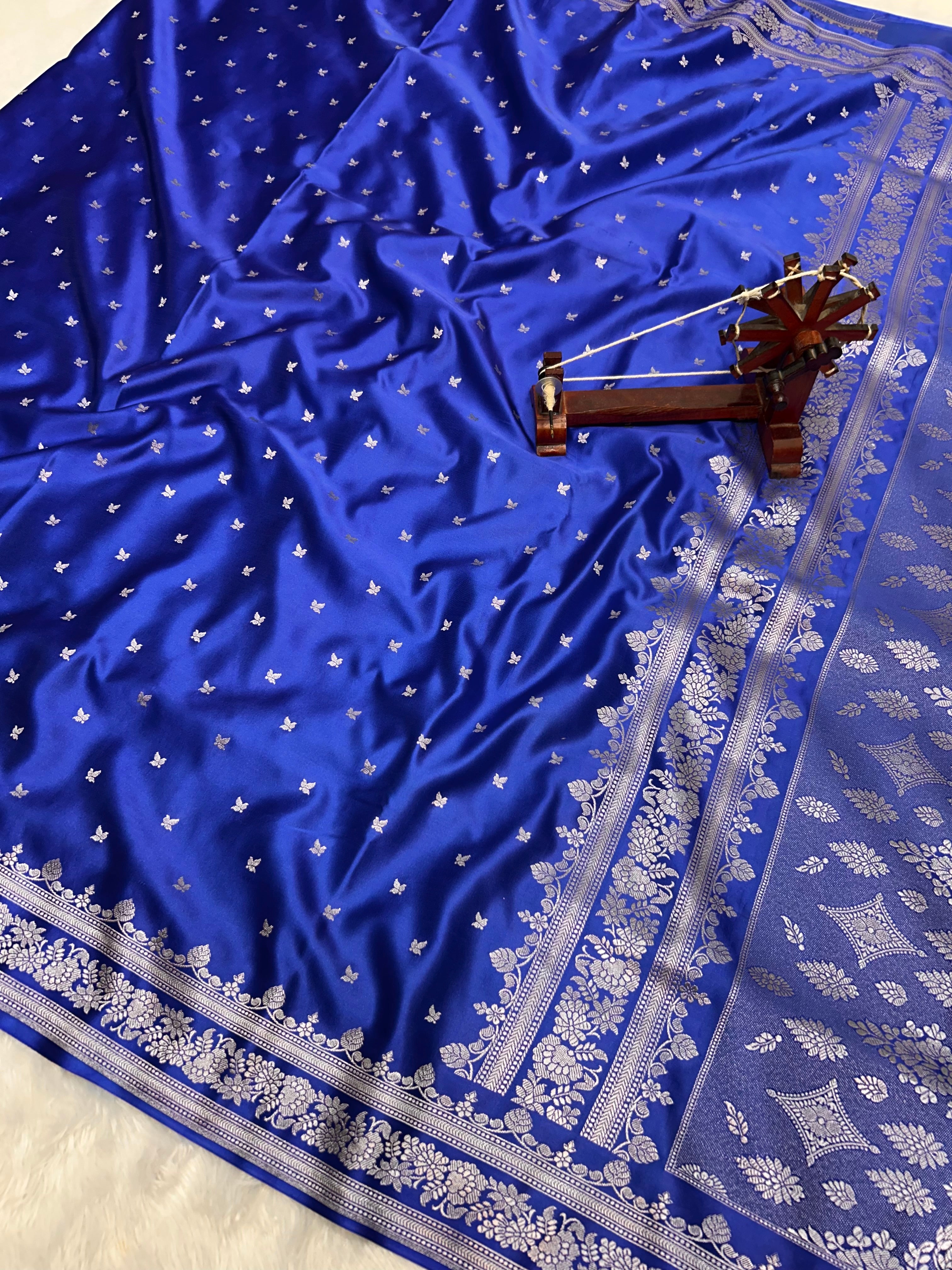 Banarasi Handloom Katan Mashru Traditional Buti Weaving Light Royal Blue saree