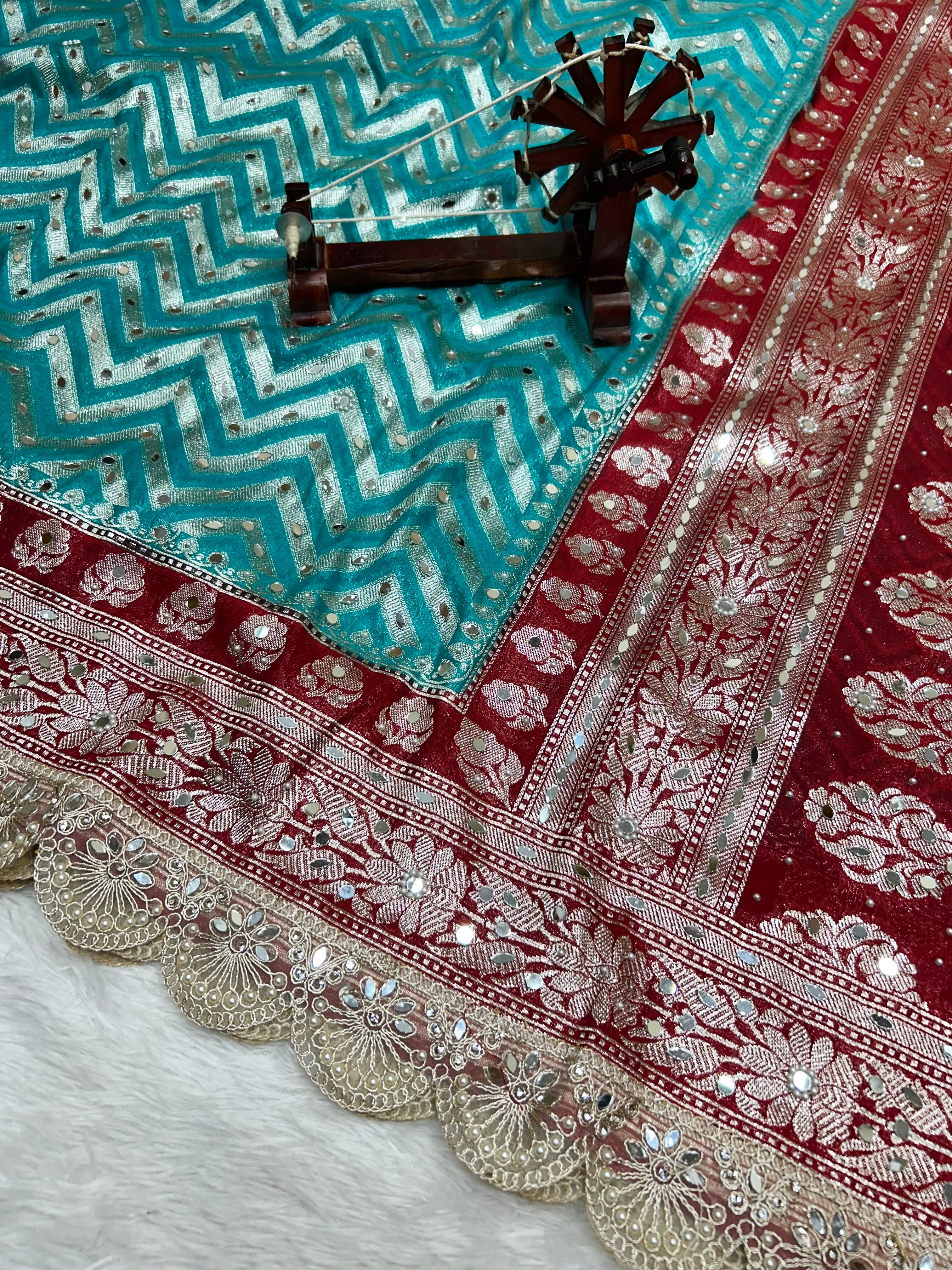 Banarasi Handloom Georgette Silk Saree with Designer Mirror work & Scallop Lace Border