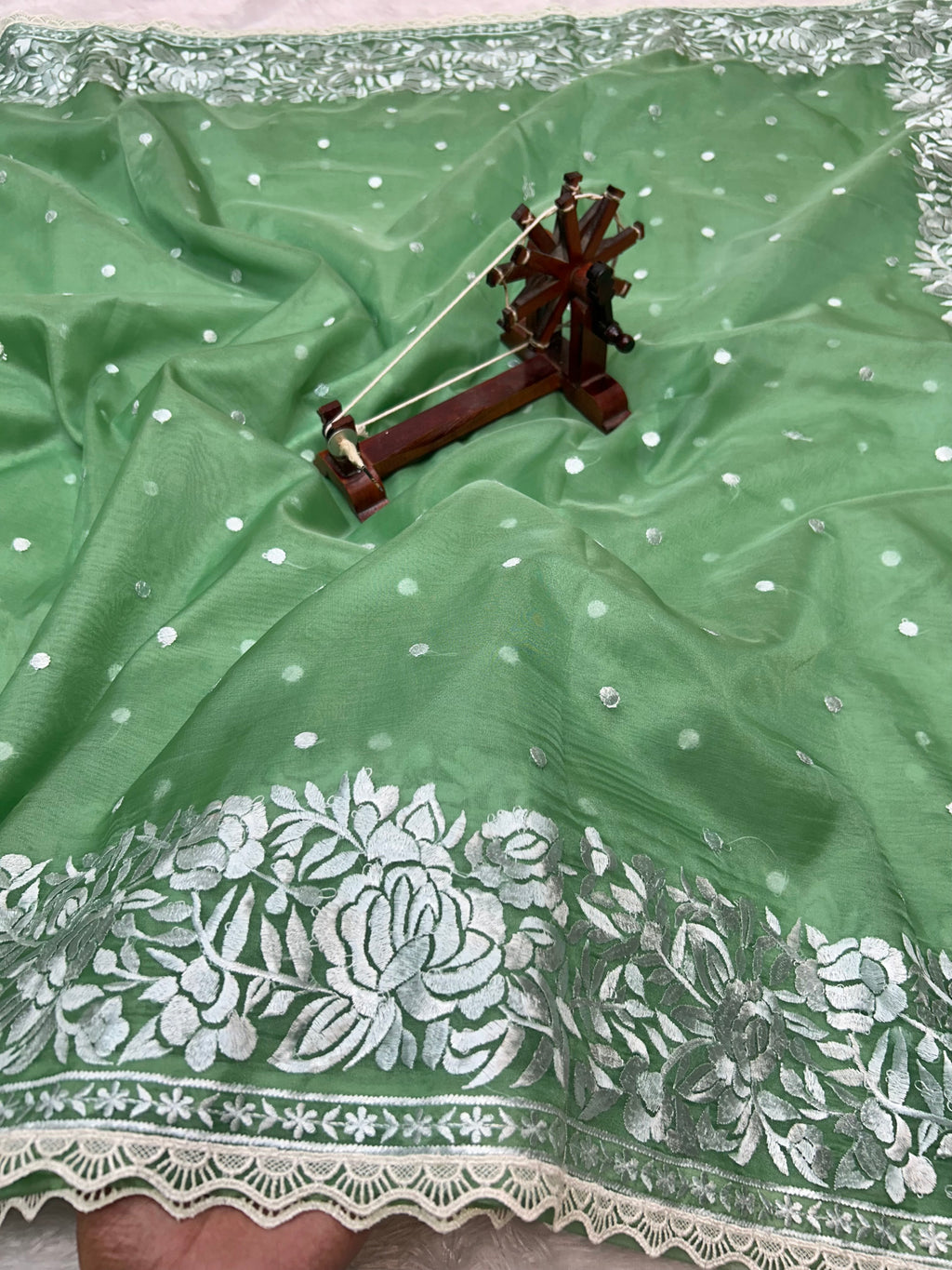 Banarasi Kora Organza With Delicated Chikankari Floral Work & Lace Border