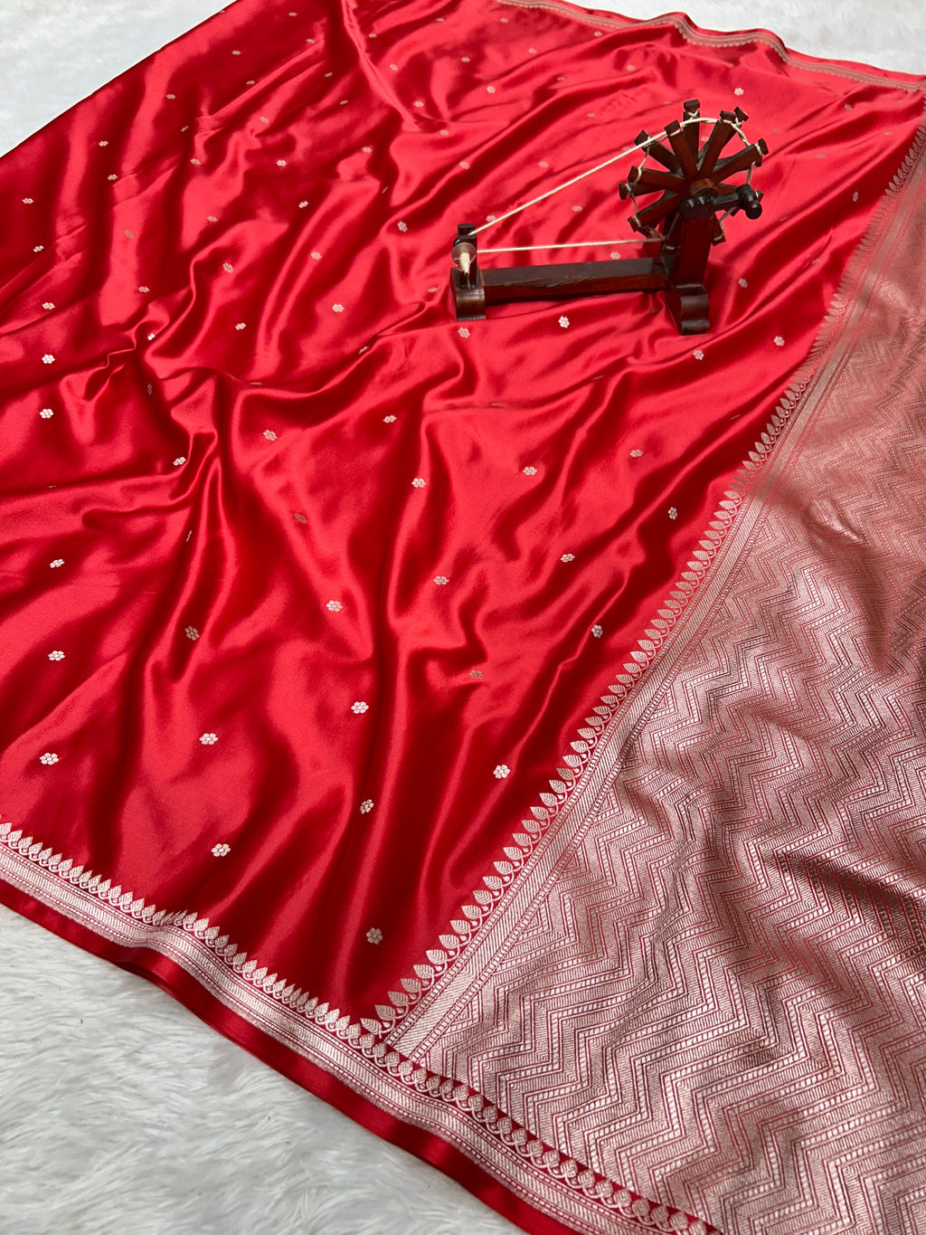 Exquisite Handloom Mashru Katan Saree – Delicate Buti Work with Slim Border & Striped Blouse