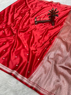 Exquisite Handloom Mashru Katan Saree – Delicate Buti Work with Slim Border & Striped Blouse