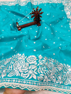 Banarasi Kora Organza With Delicated Chikankari Floral Work & Lace Border