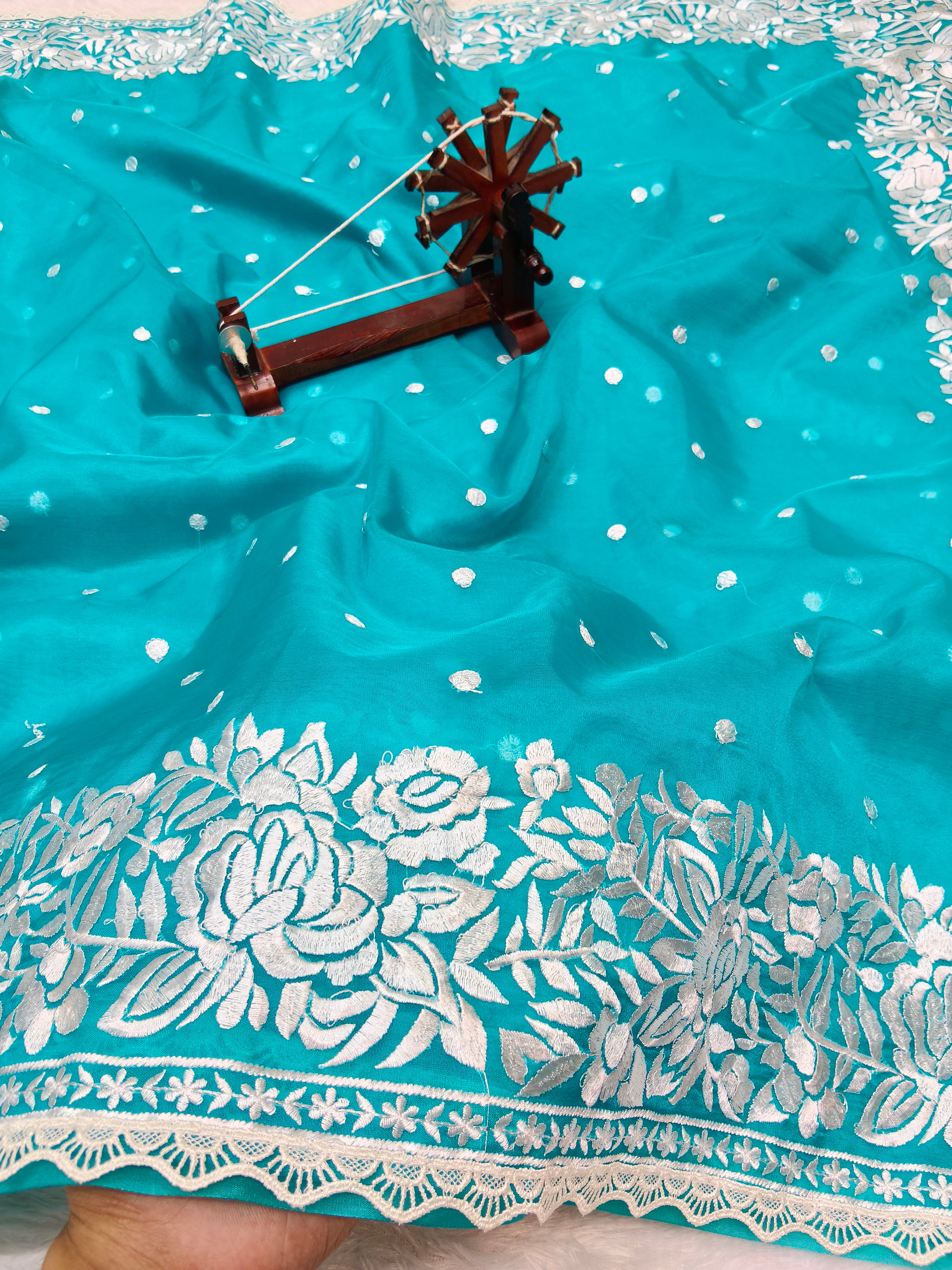 Banarasi Kora Organza With Delicated Chikankari Floral Work & Lace Border