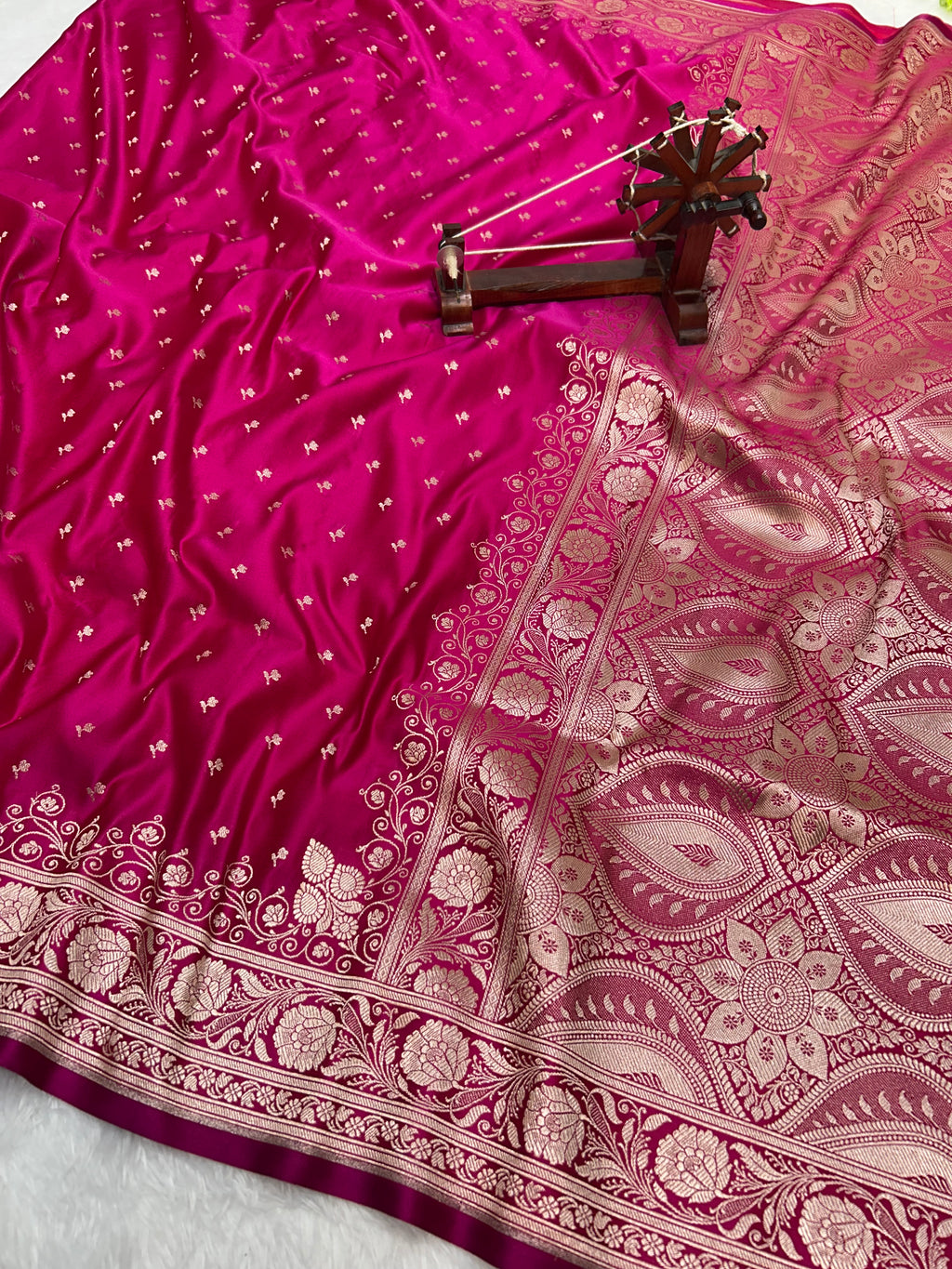 Banarasi Handloom Katan Mashru Silk Saree Rani Pink