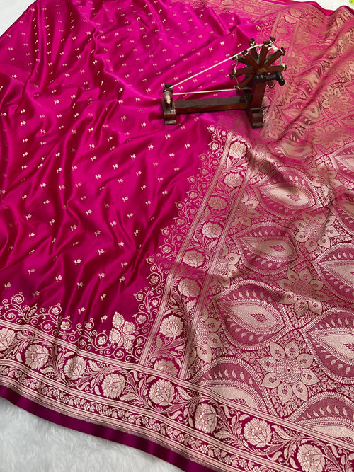 Banarasi Handloom Katan Mashru Silk Saree Rani Pink