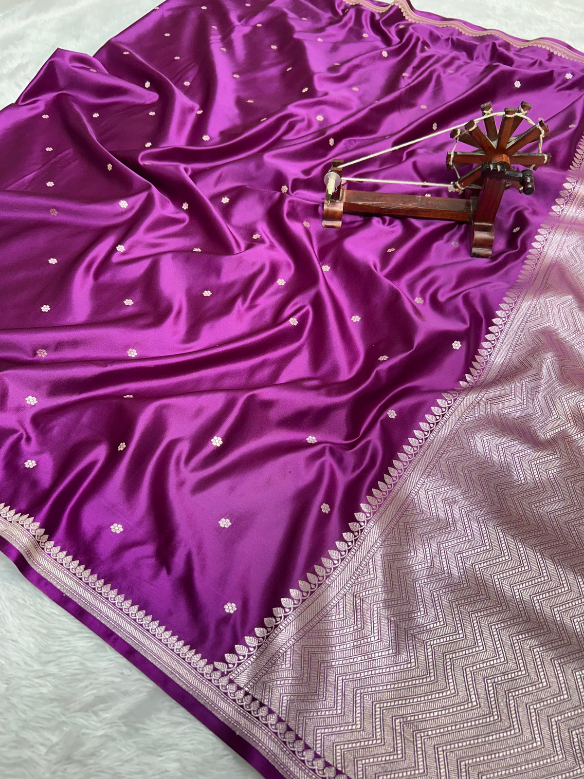 Exquisite Handloom Mashru Katan Saree – Delicate Buti Work with Slim Border & Striped Blouse