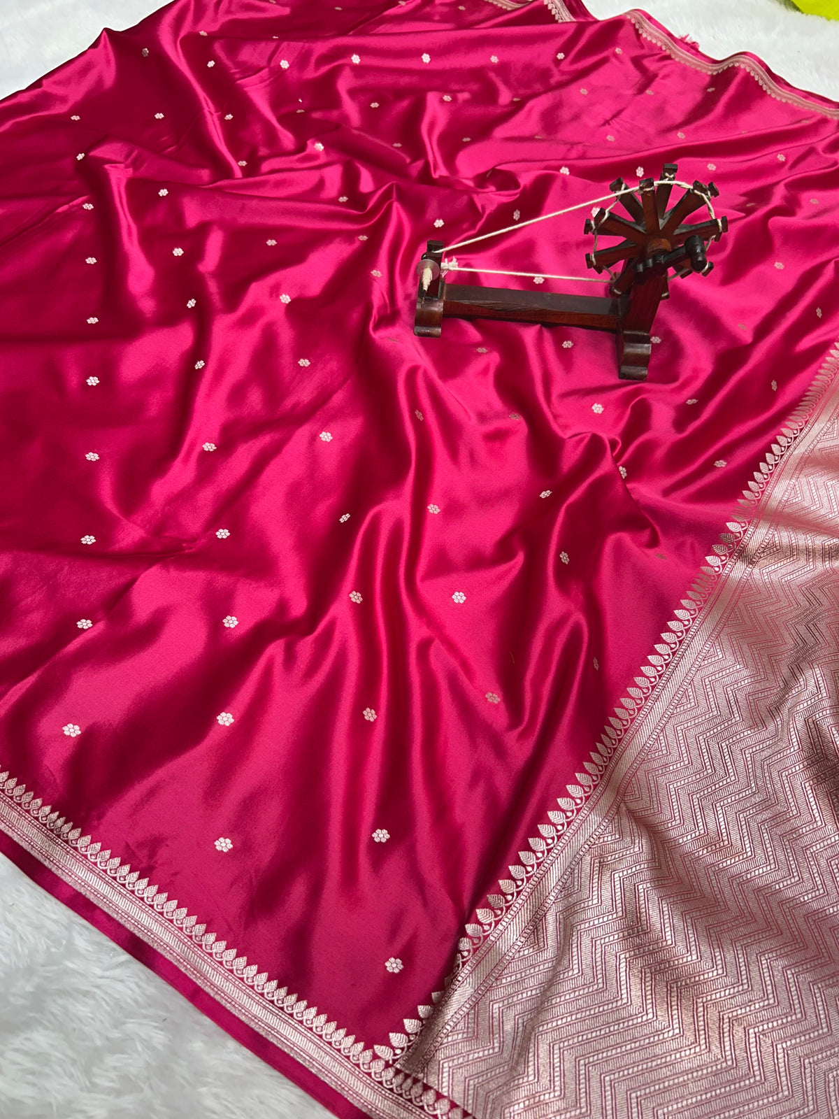 Exquisite Handloom Mashru Katan Saree – Delicate Buti Work with Slim Border & Striped Blouse