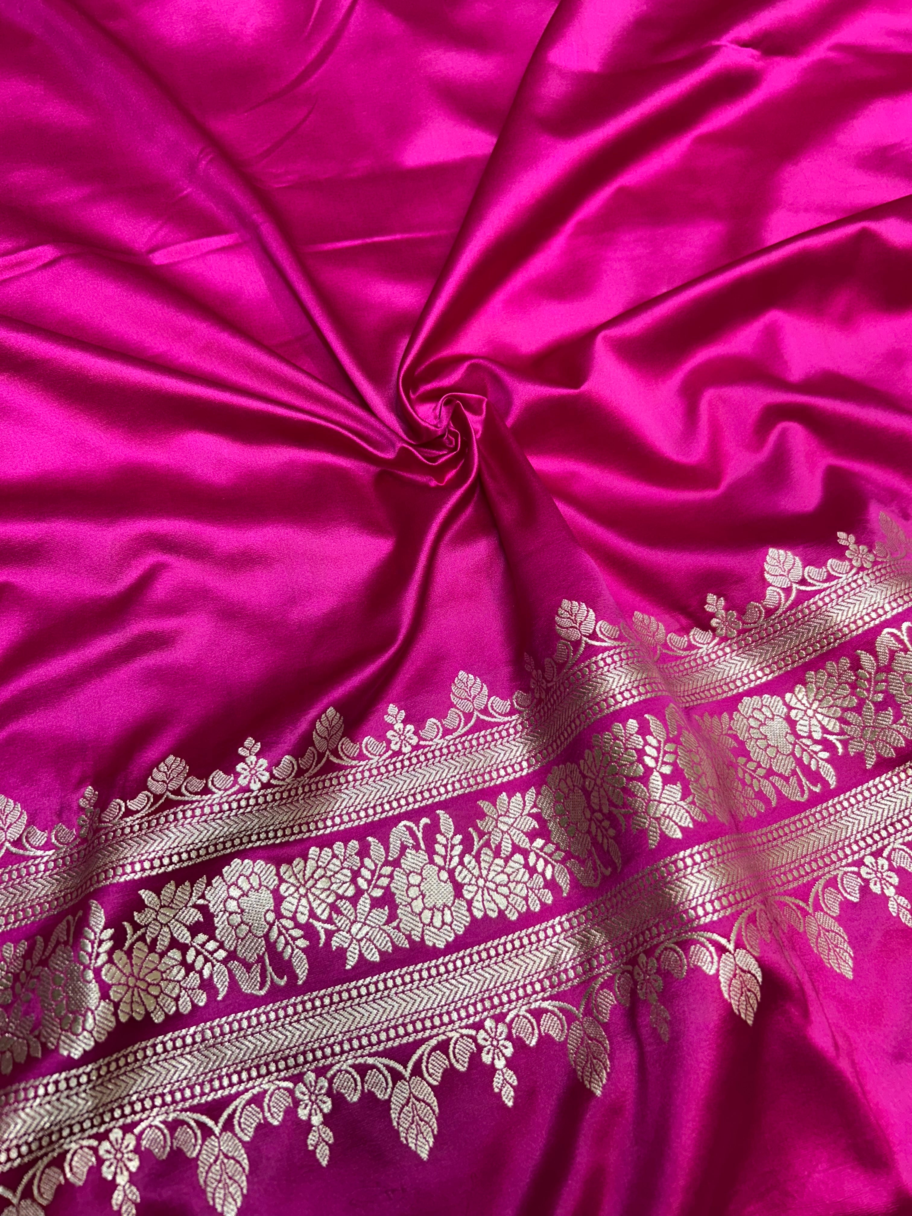 Banarasi Handloom Katan Mashru Traditional Buti Weaving Pink & Hot Pink Contrast Saree