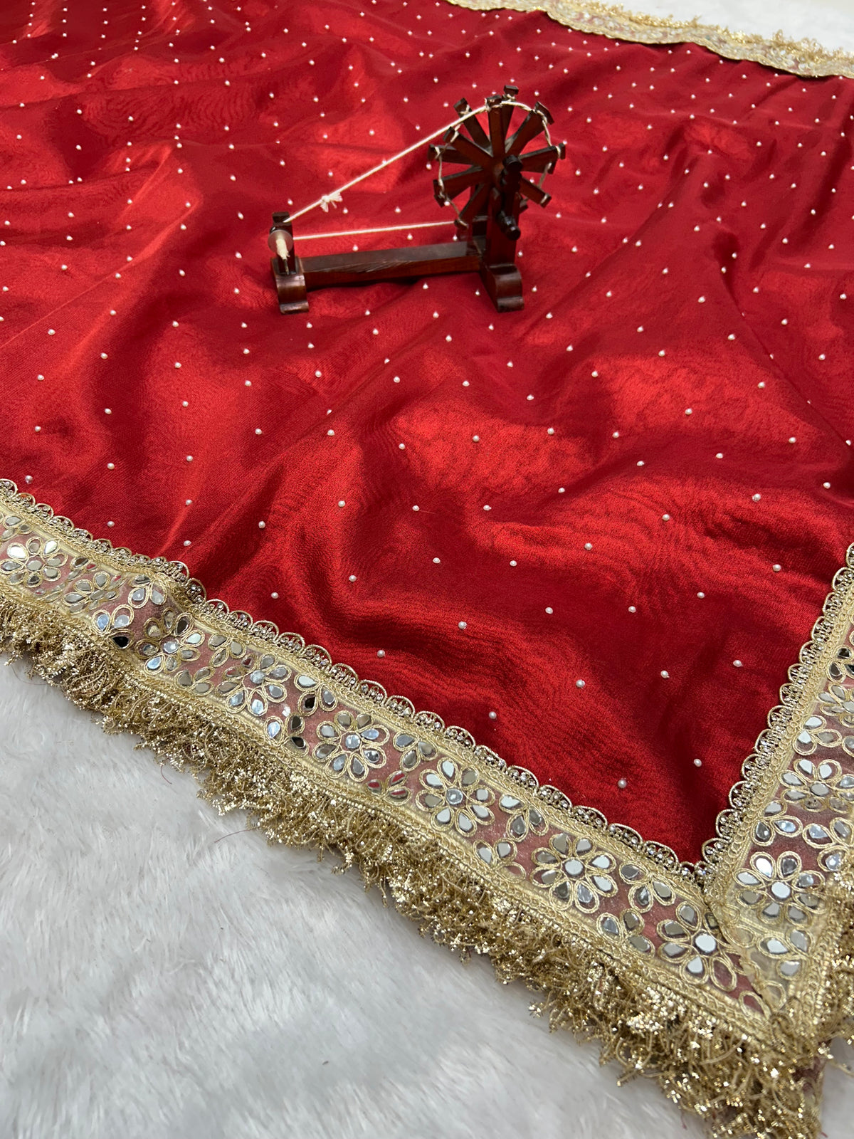 Banarasi Soft Red Tissue Saree With Moti Work & Designer Mirror lace Border