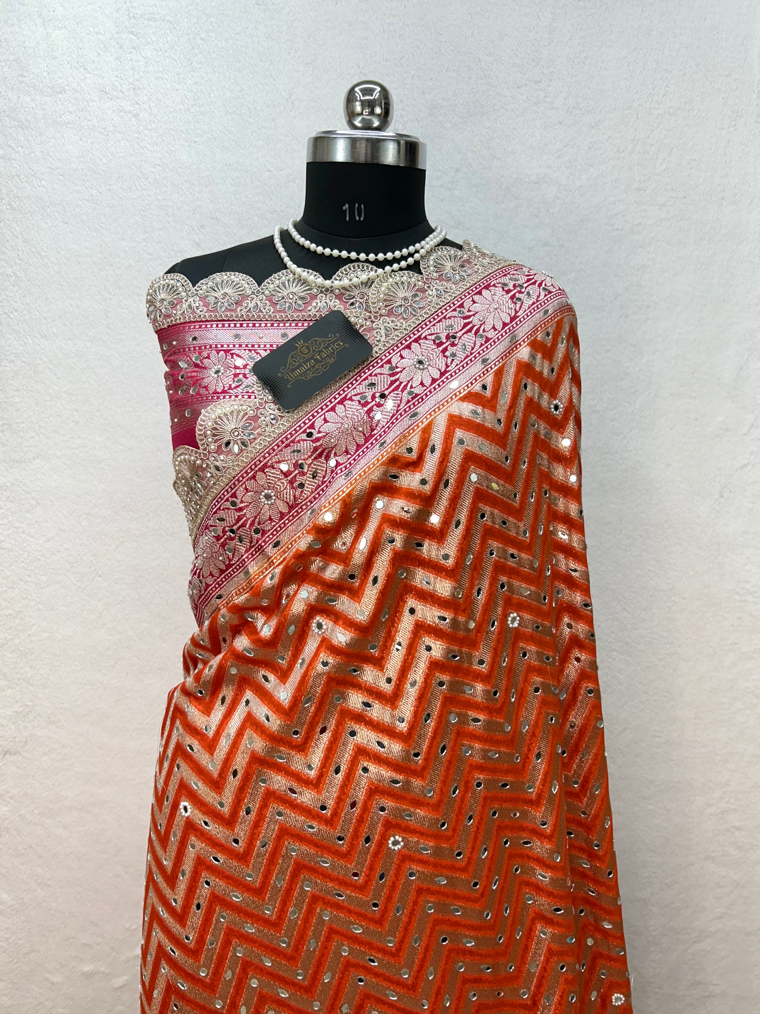 Banarasi Handloom Georgette Silk Saree with Designer Mirror work & Scallop Lace Border