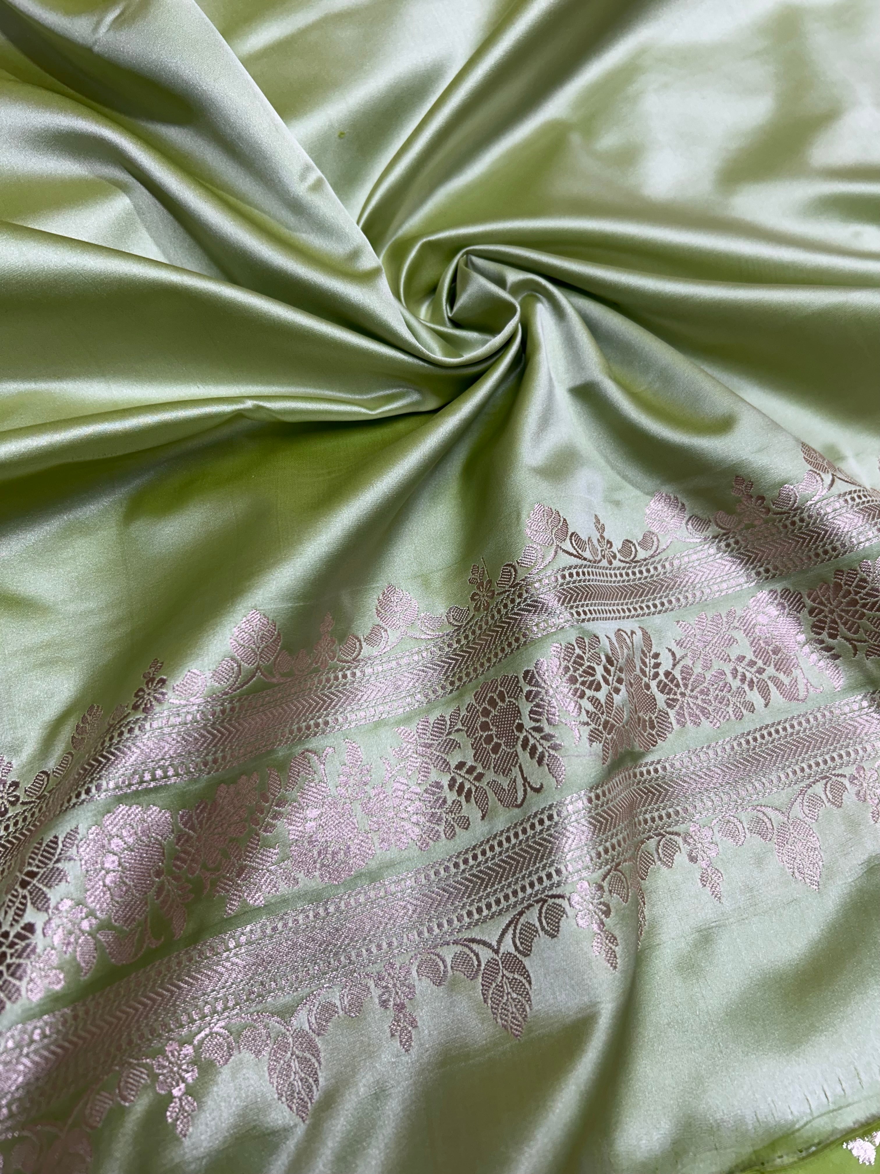 Banarasi Handloom Katan Mashru Traditional Buti Weaving Light Pista Green Saree