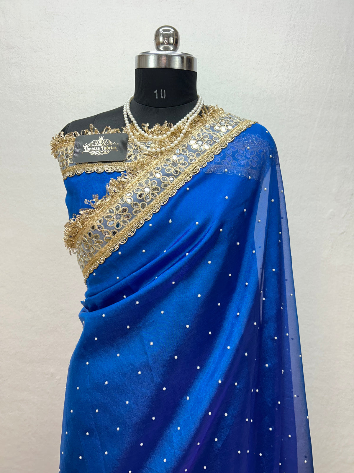 Banarasi Soft Royal Blue Tissue Saree With Moti Work & Designer Mirror lace Border