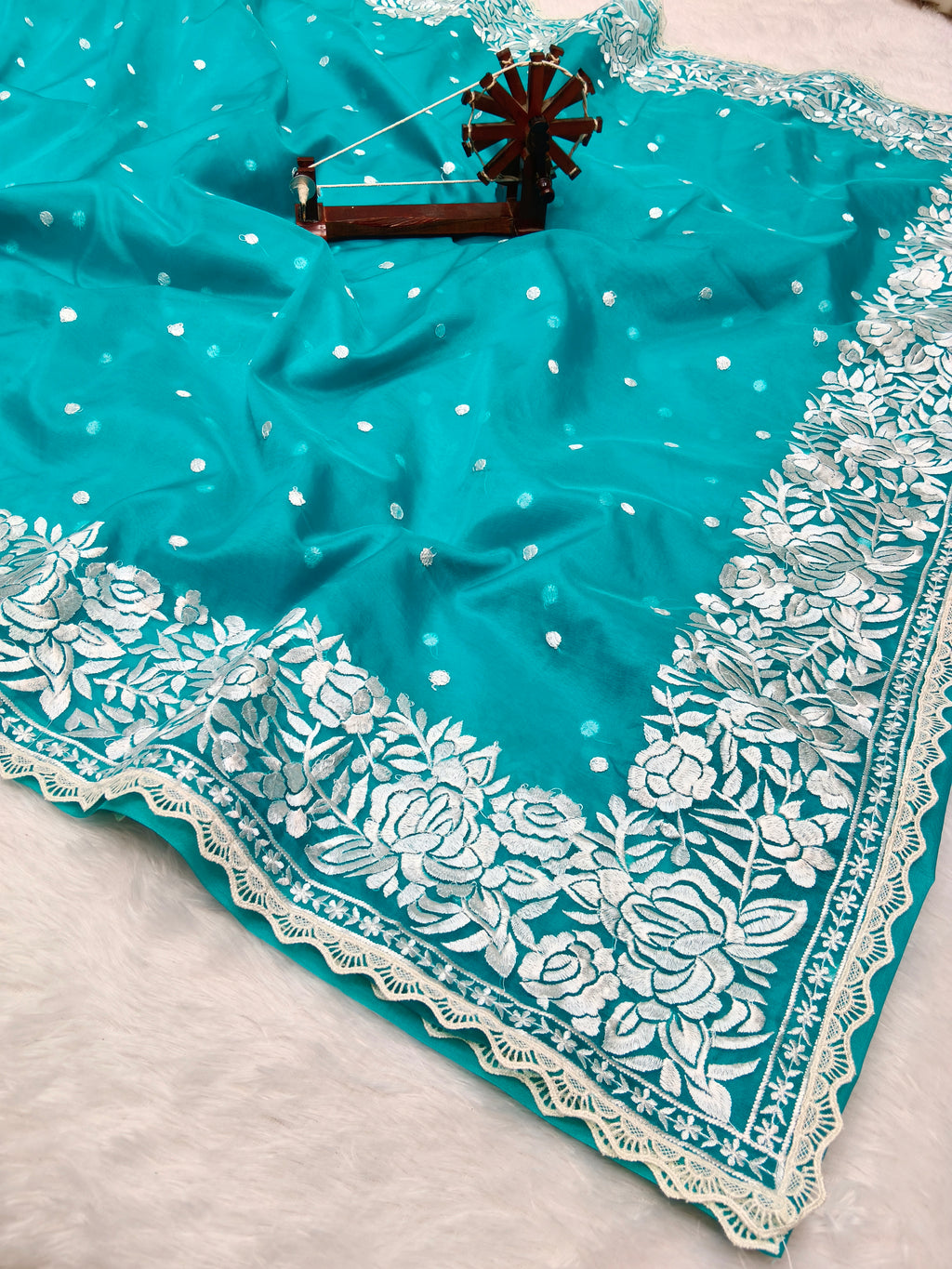 Banarasi Kora Organza With Delicated Chikankari Floral Work & Lace Border