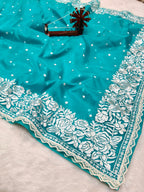Banarasi Kora Organza With Delicated Chikankari Floral Work & Lace Border