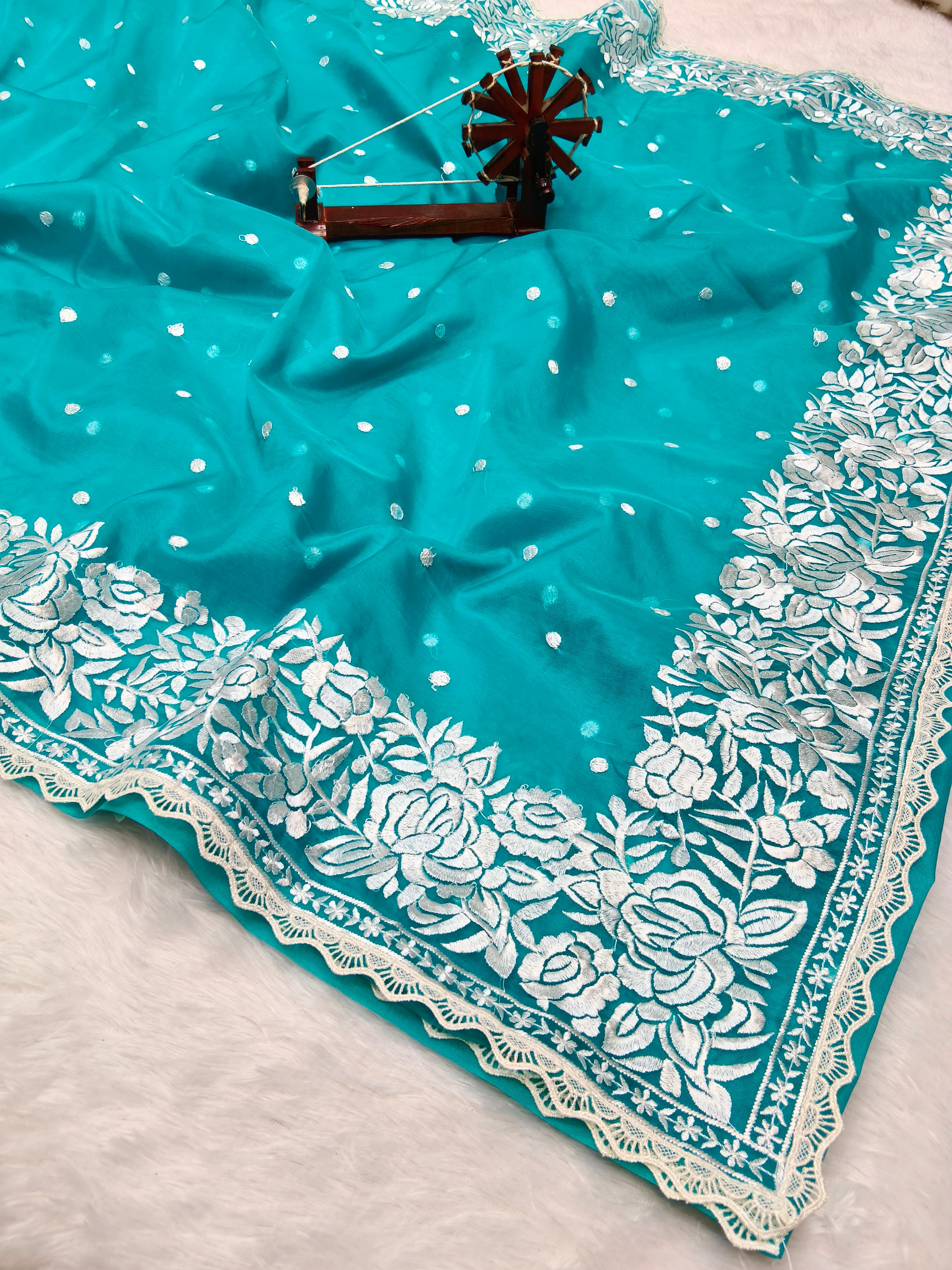Banarasi Kora Organza With Delicated Chikankari Floral Work & Lace Border