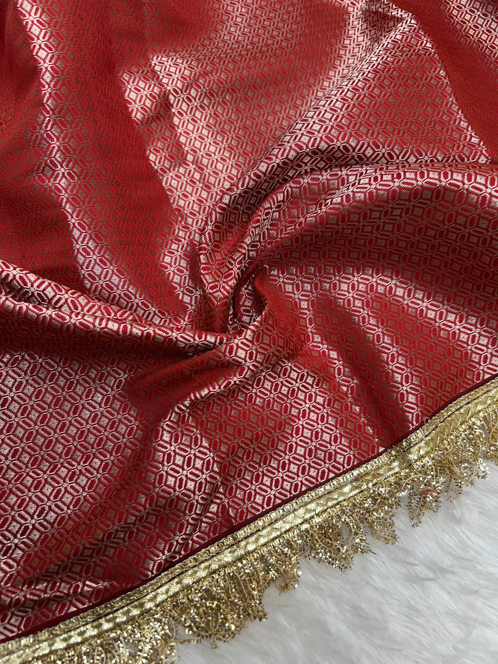Banarasi Katan Traditional Handmade Mirror & Lace Work Red saree