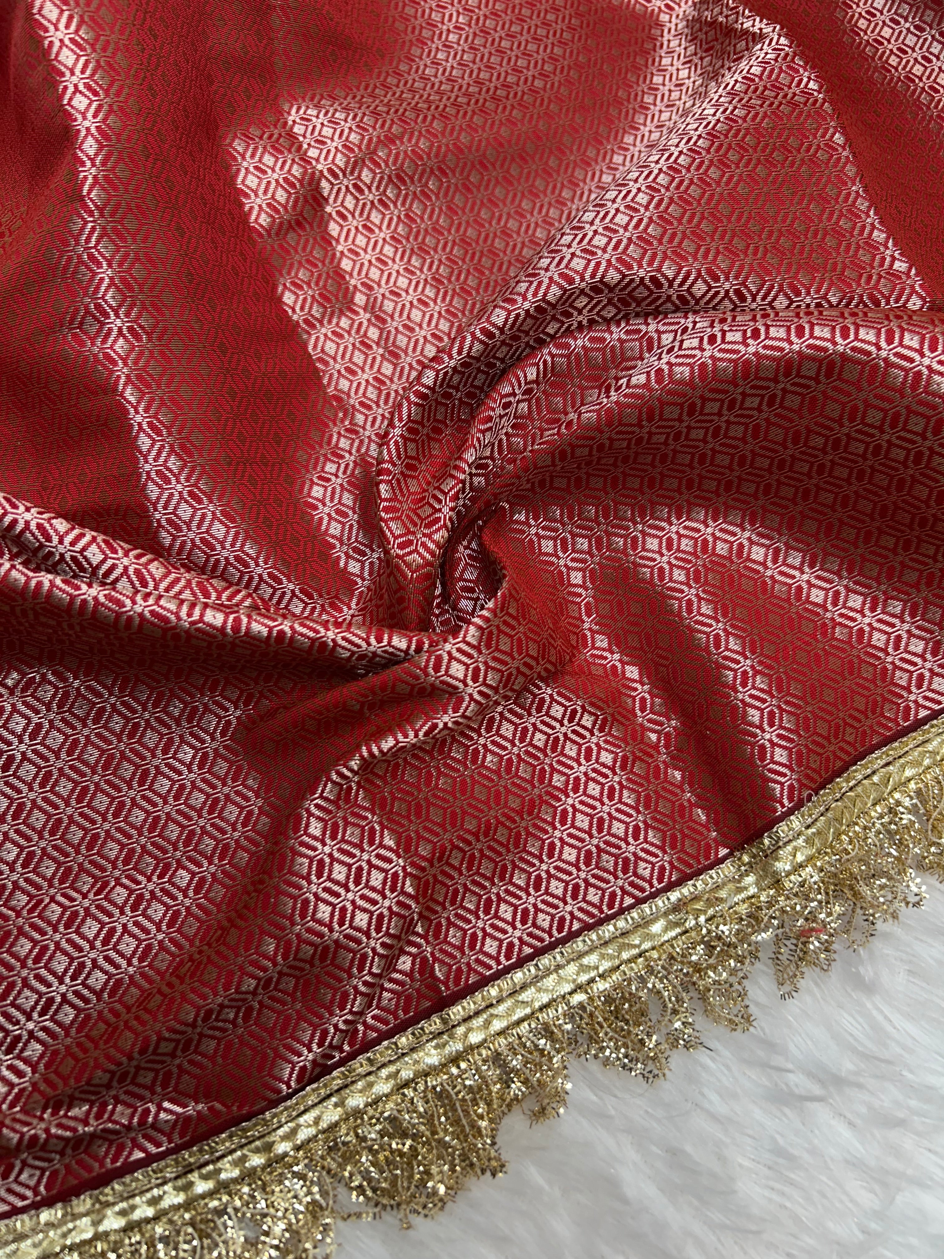 Banarasi Katan Traditional Handmade Mirror & Lace Work Red saree
