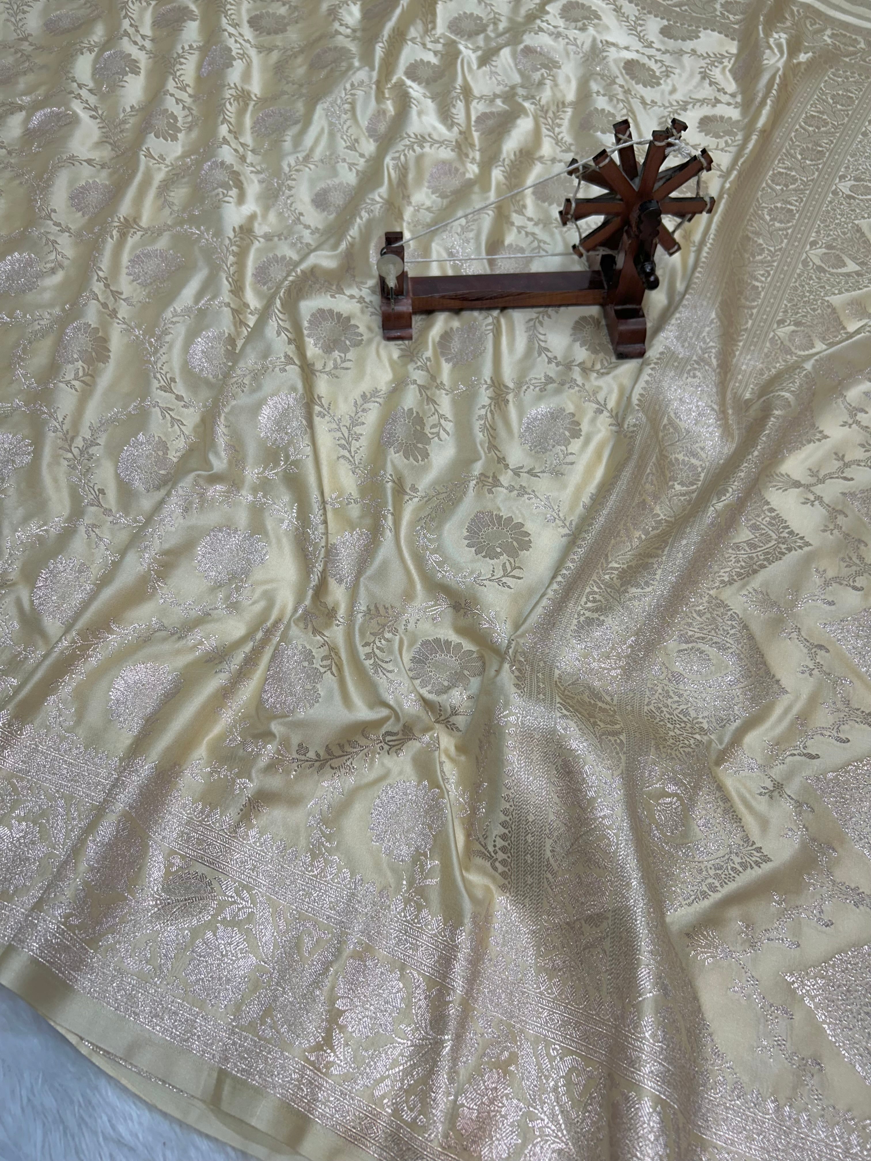 Banarasi Handloom Katan Mashru Traditional Jaal Weaving Beige Saree