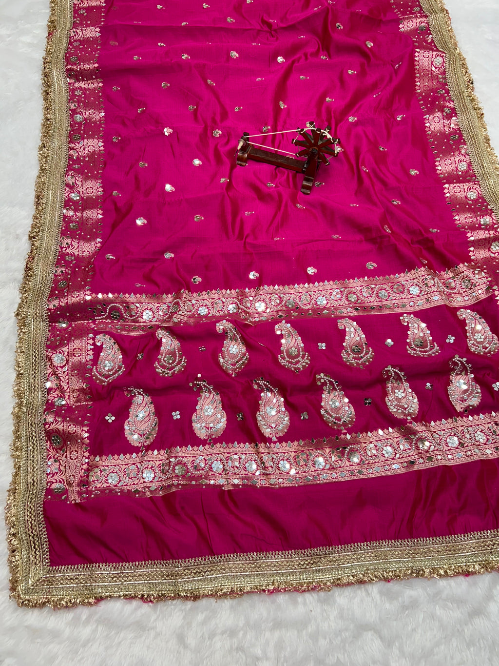 Banarasi Katan Traditional Handmade Mirror Work Rani Pink Saree