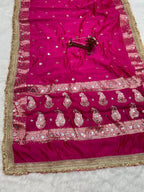 Banarasi Katan Traditional Handmade Mirror Work Rani Pink Saree