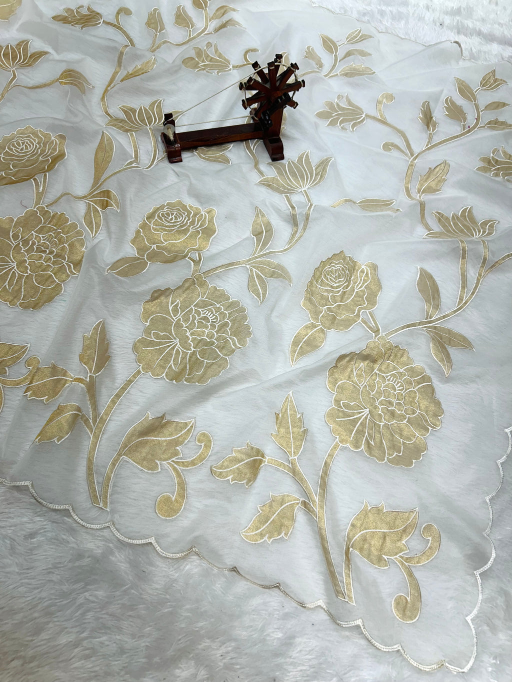 Designer Kora Organza With Elegant Applique Work & Scallop Border