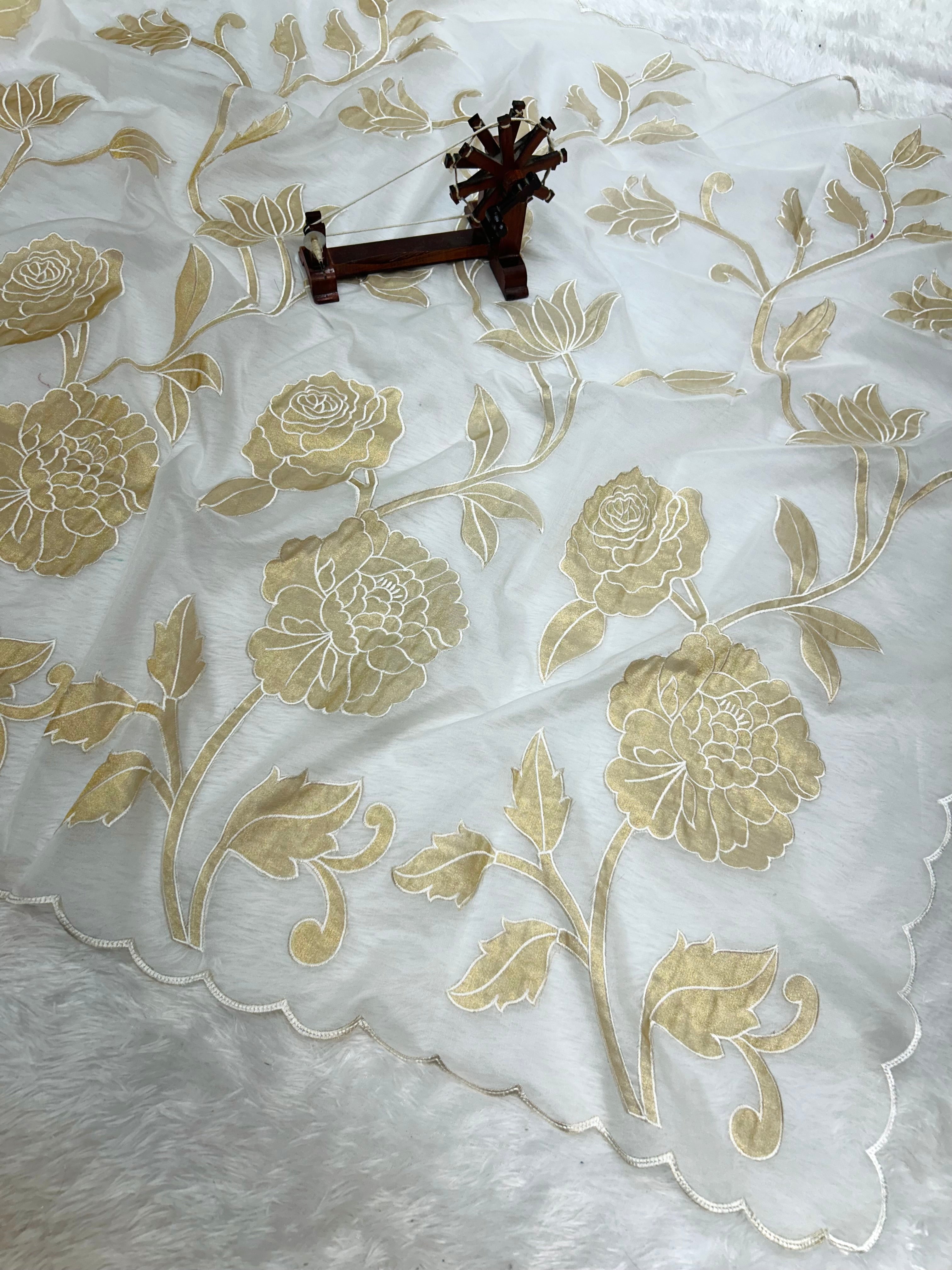 Designer Kora Organza With Elegant Applique Work & Scallop Border