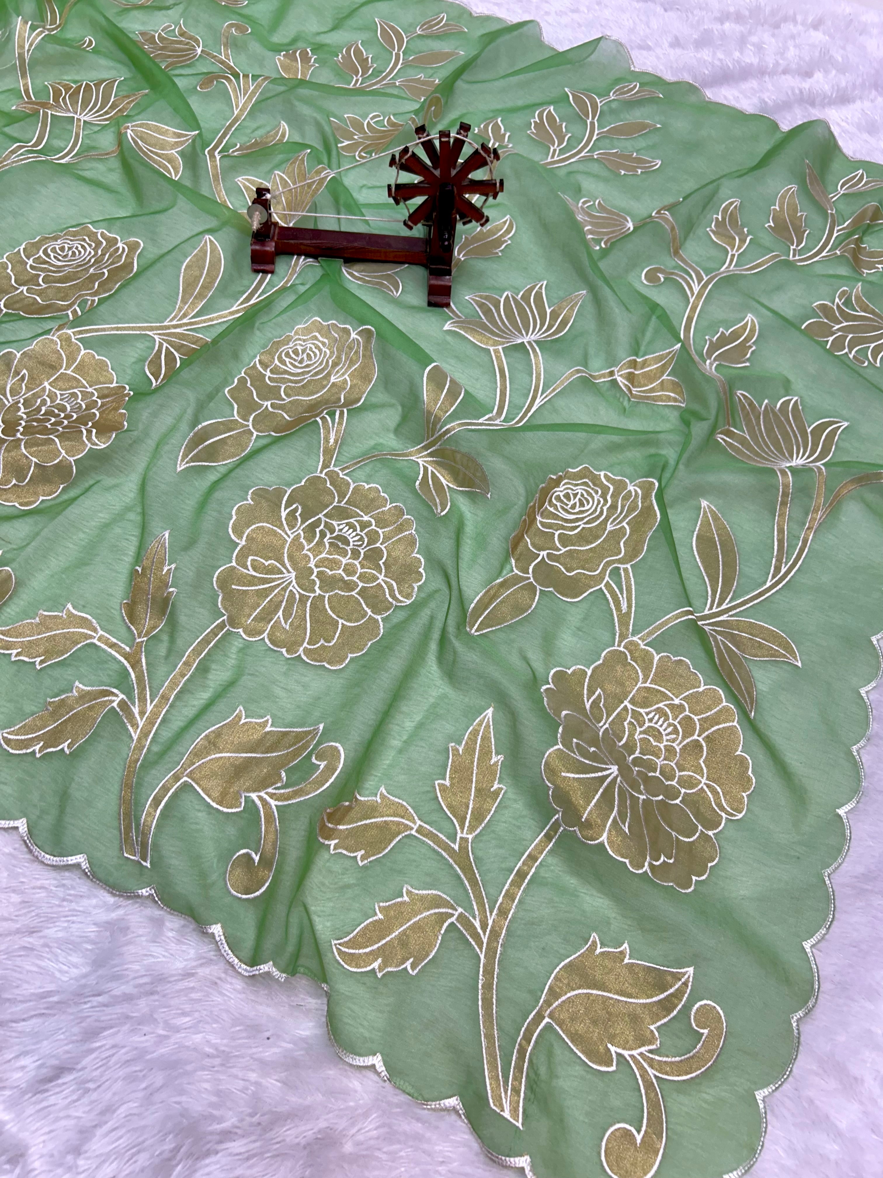 Designer Kora Organza With Elegant Applique Work & Scallop Border