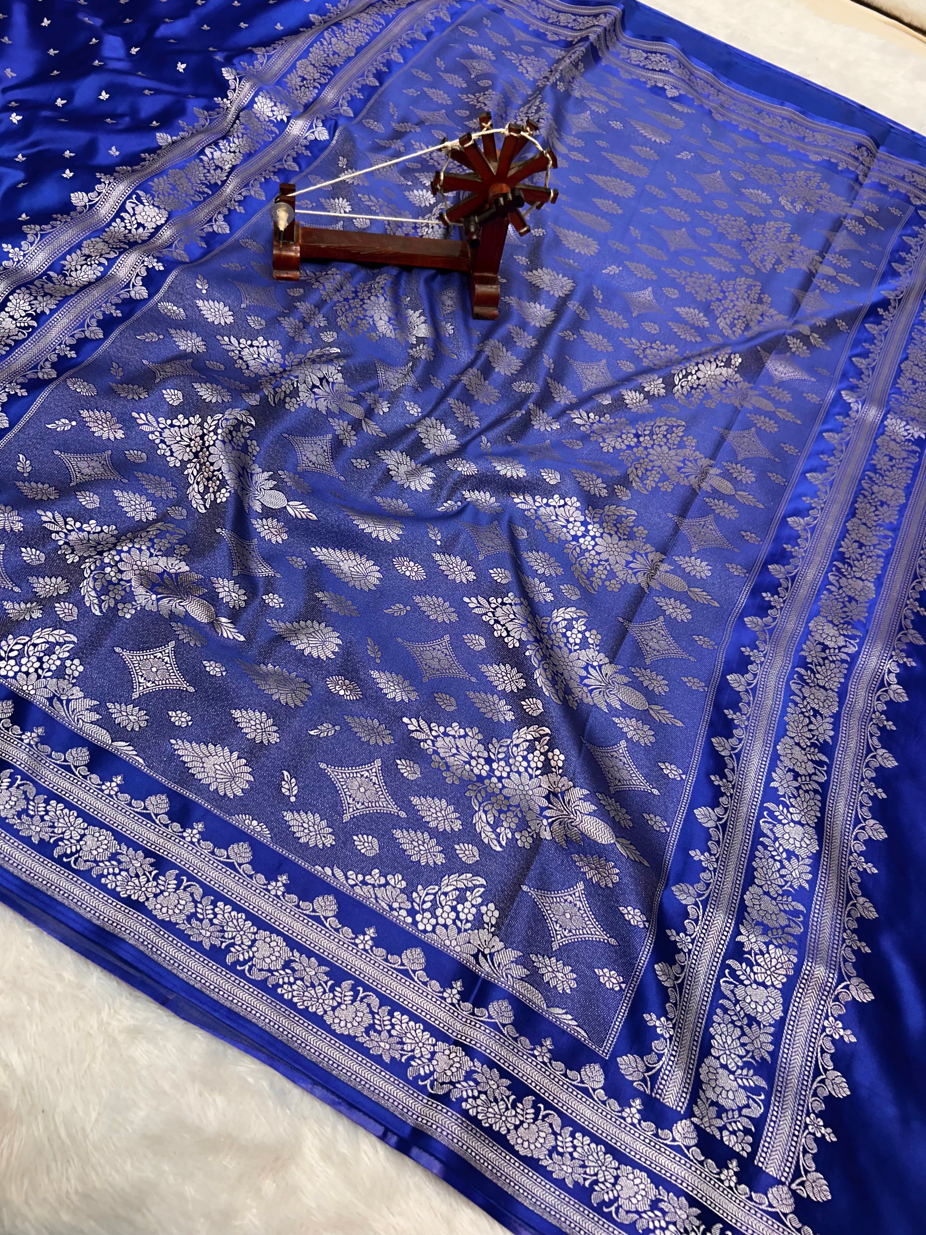 Banarasi Handloom Katan Mashru Traditional Buti Weaving Light Royal Blue saree