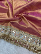 Banarasi Soft Baby Pink Tissue Saree With Moti Work & Designer Mirror lace Border
