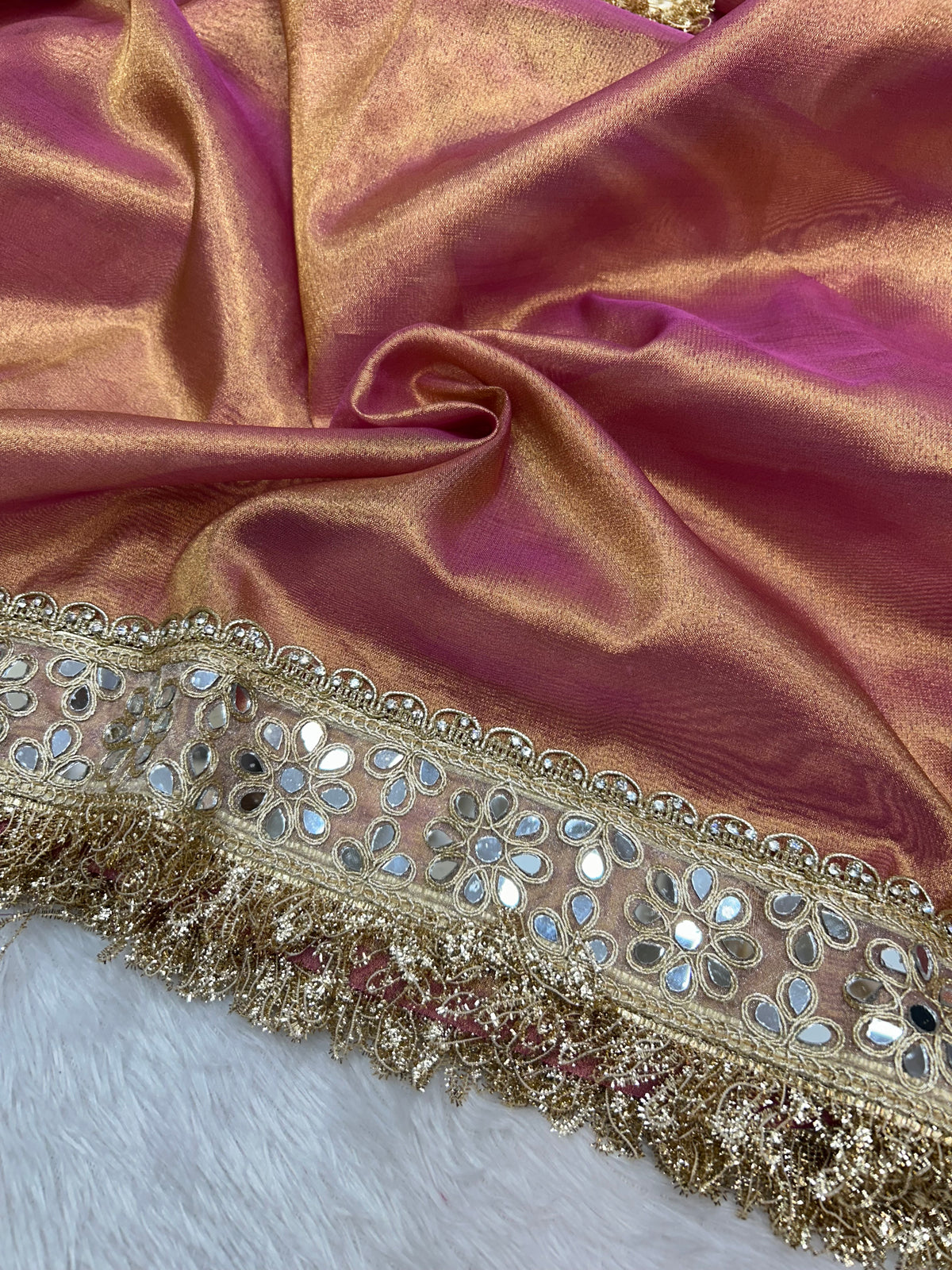 Banarasi Soft Baby Pink Tissue Saree With Moti Work & Designer Mirror lace Border