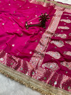 Banarasi Katan Traditional Handmade Mirror Work Rani Pink Saree