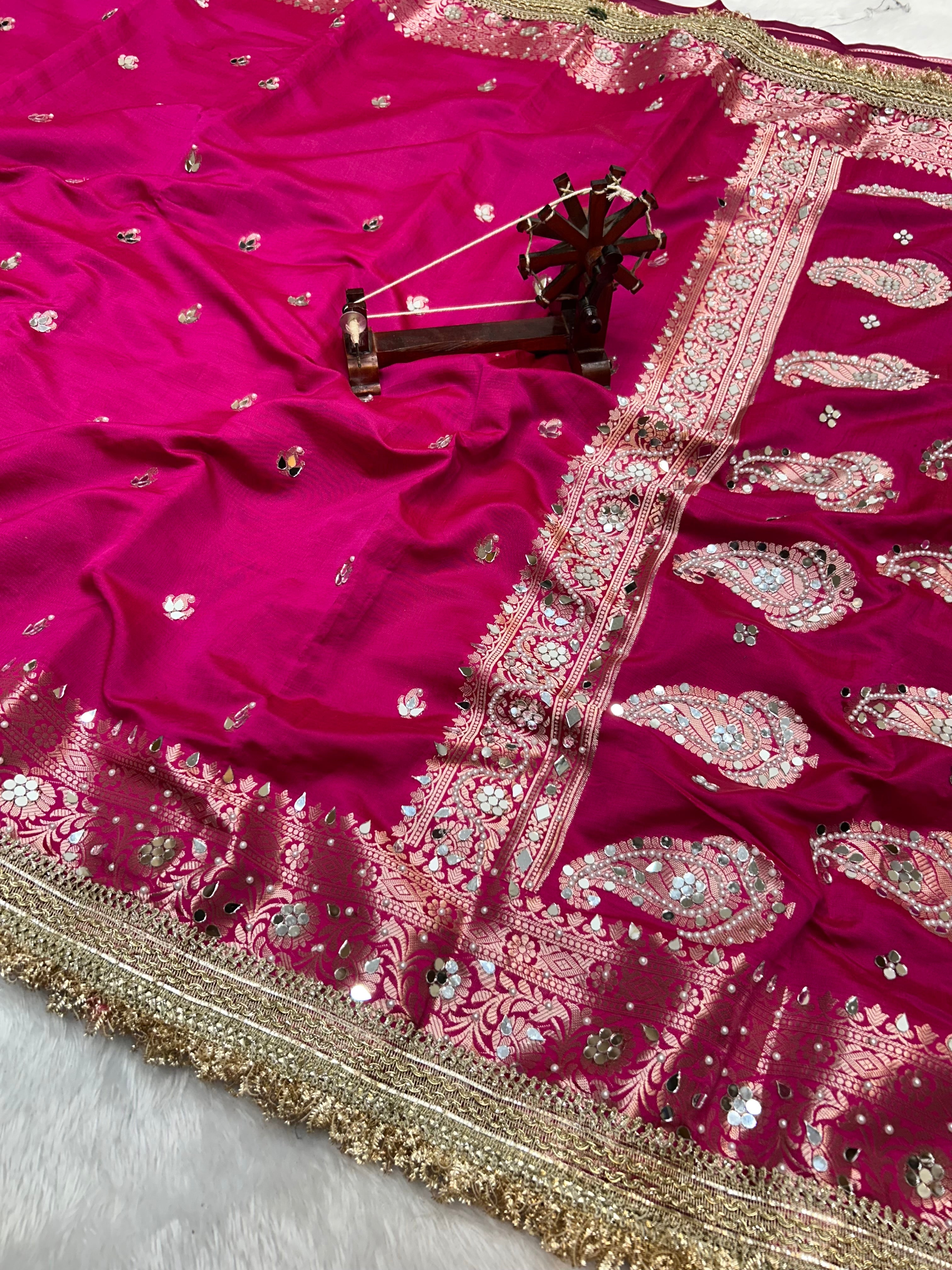 Banarasi Katan Traditional Handmade Mirror Work Rani Pink Saree