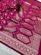 Banarasi Handloom Katan Mashru Traditional Jaal Weaving Rani pink saree