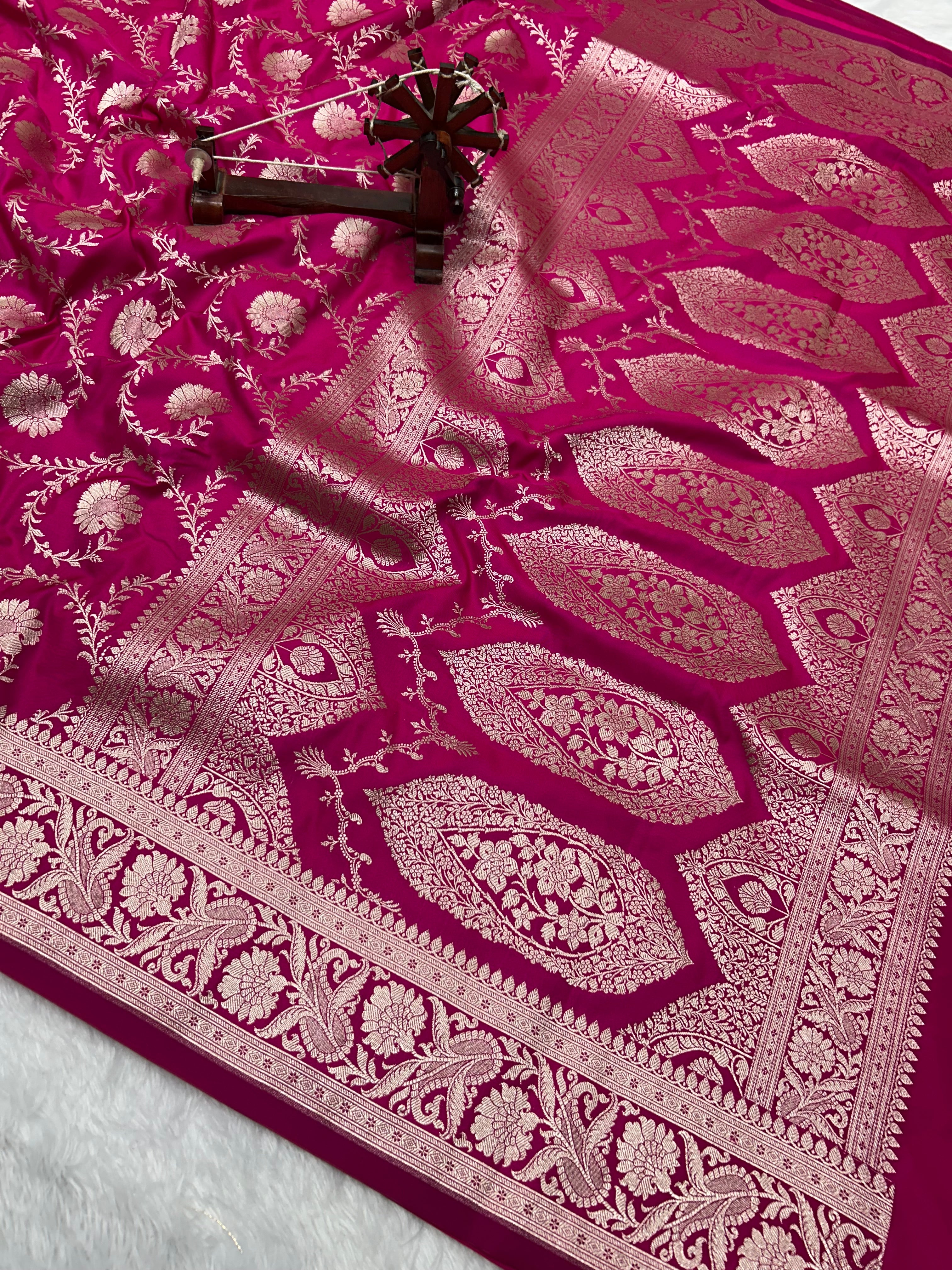 Banarasi Handloom Katan Mashru Traditional Jaal Weaving Rani pink saree