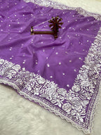Banarasi Kora Organza With Delicated Chikankari Floral Work & Lace Border