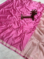 Exquisite Handloom Mashru Katan Saree – Delicate Buti Work with Slim Border & Striped Blouse