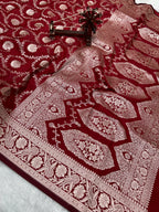 Banarasi Handloom Katan Mashru Traditional Jaal Weaving Red saree