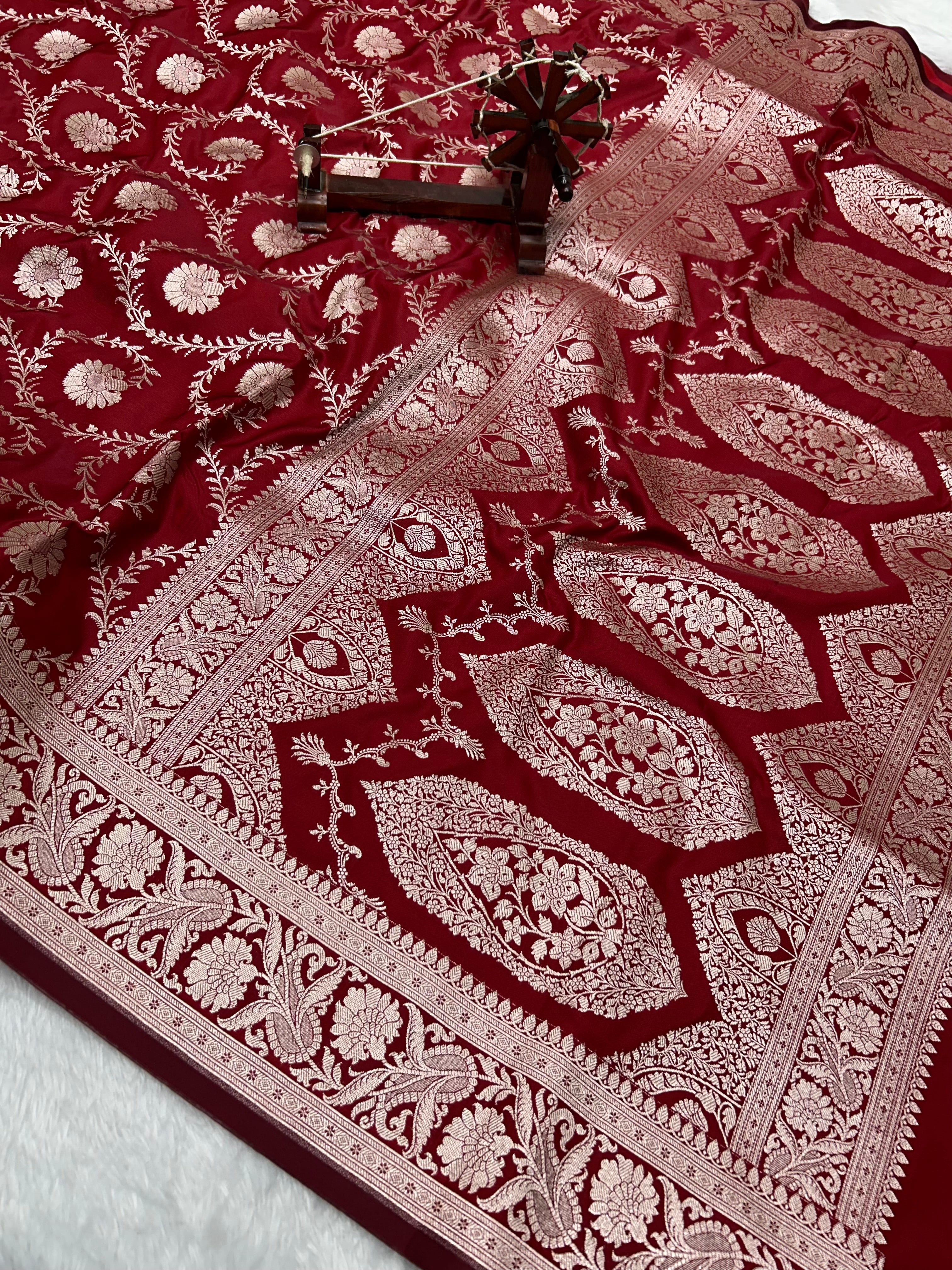 Banarasi Handloom Katan Mashru Traditional Jaal Weaving Red saree