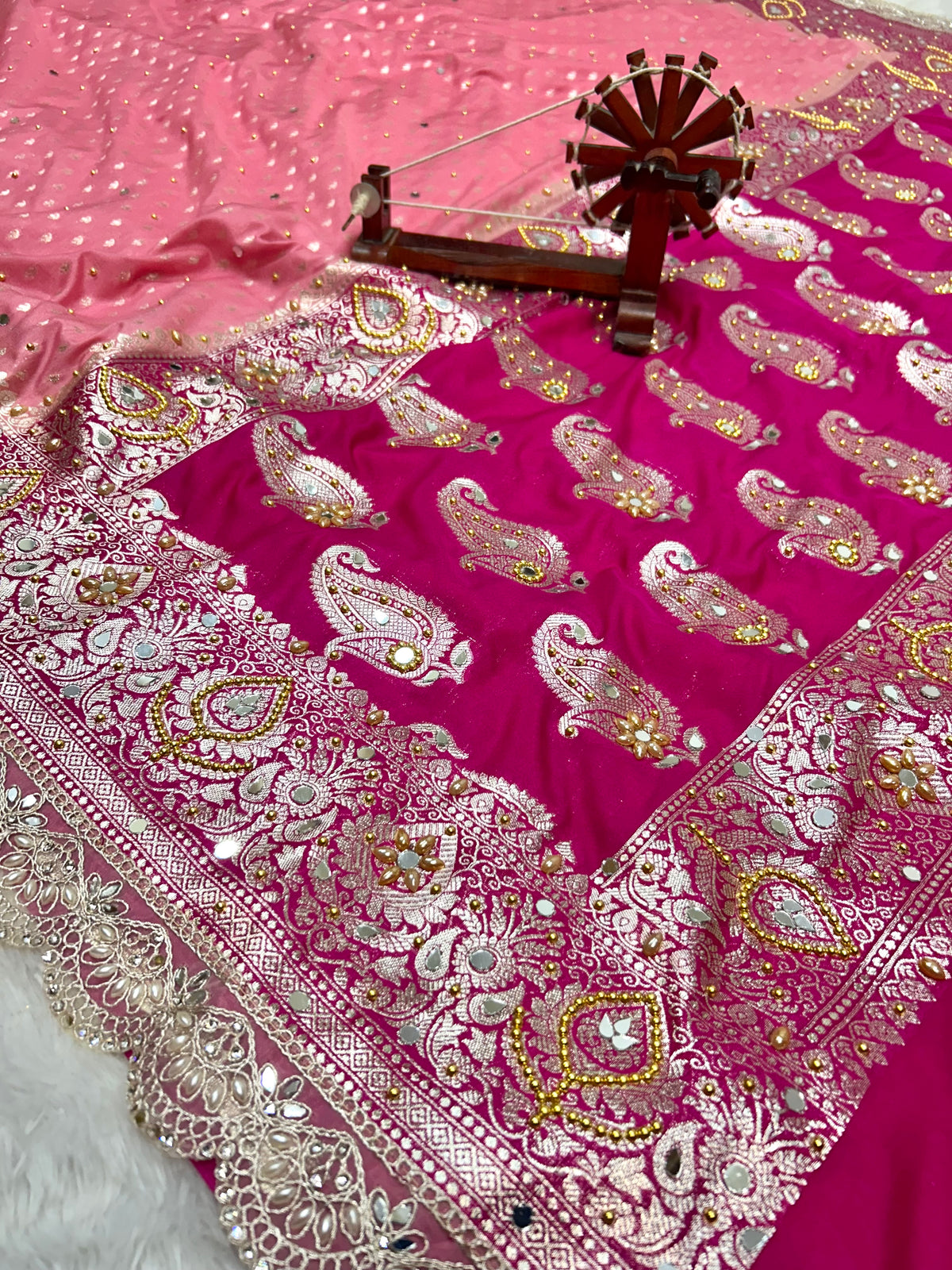 Banarasi Handloom Georgette Silk Saree with Designer Handwork & Scallop Lace Border
