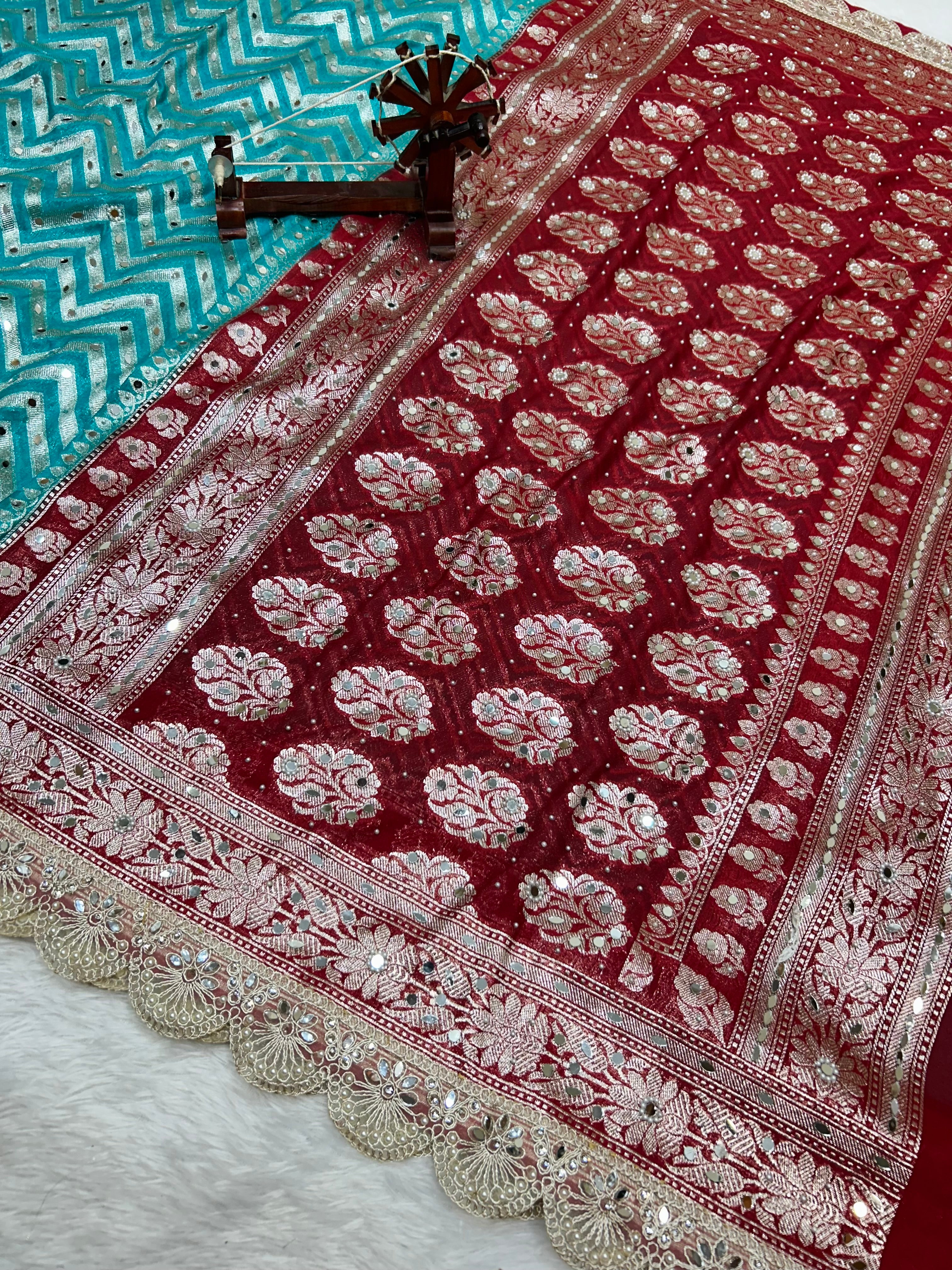 Banarasi Handloom Georgette Silk Saree with Designer Mirror work & Scallop Lace Border