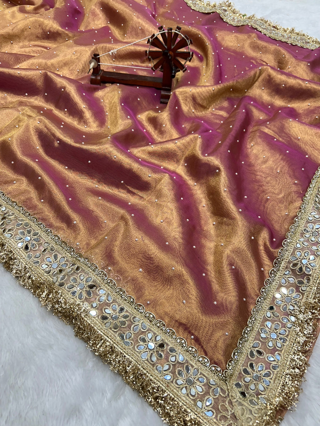 Banarasi Soft Baby Pink Tissue Saree With Moti Work & Designer Mirror lace Border