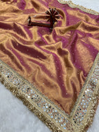 Banarasi Soft Baby Pink Tissue Saree With Moti Work & Designer Mirror lace Border