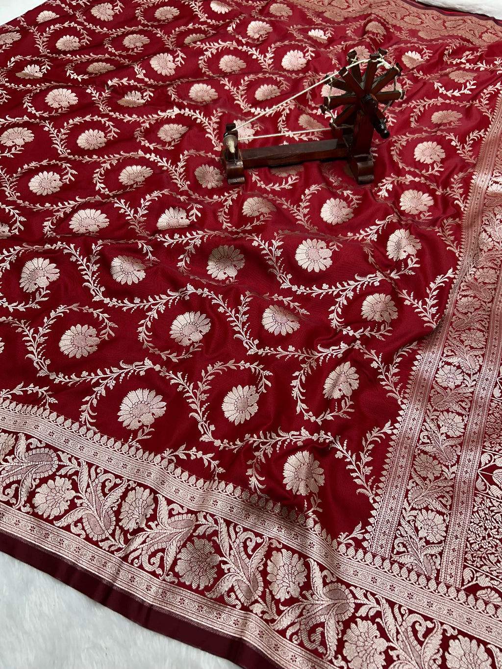 Banarasi Handloom Katan Mashru Traditional Jaal Weaving Red saree