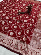 Banarasi Handloom Katan Mashru Traditional Jaal Weaving Red saree