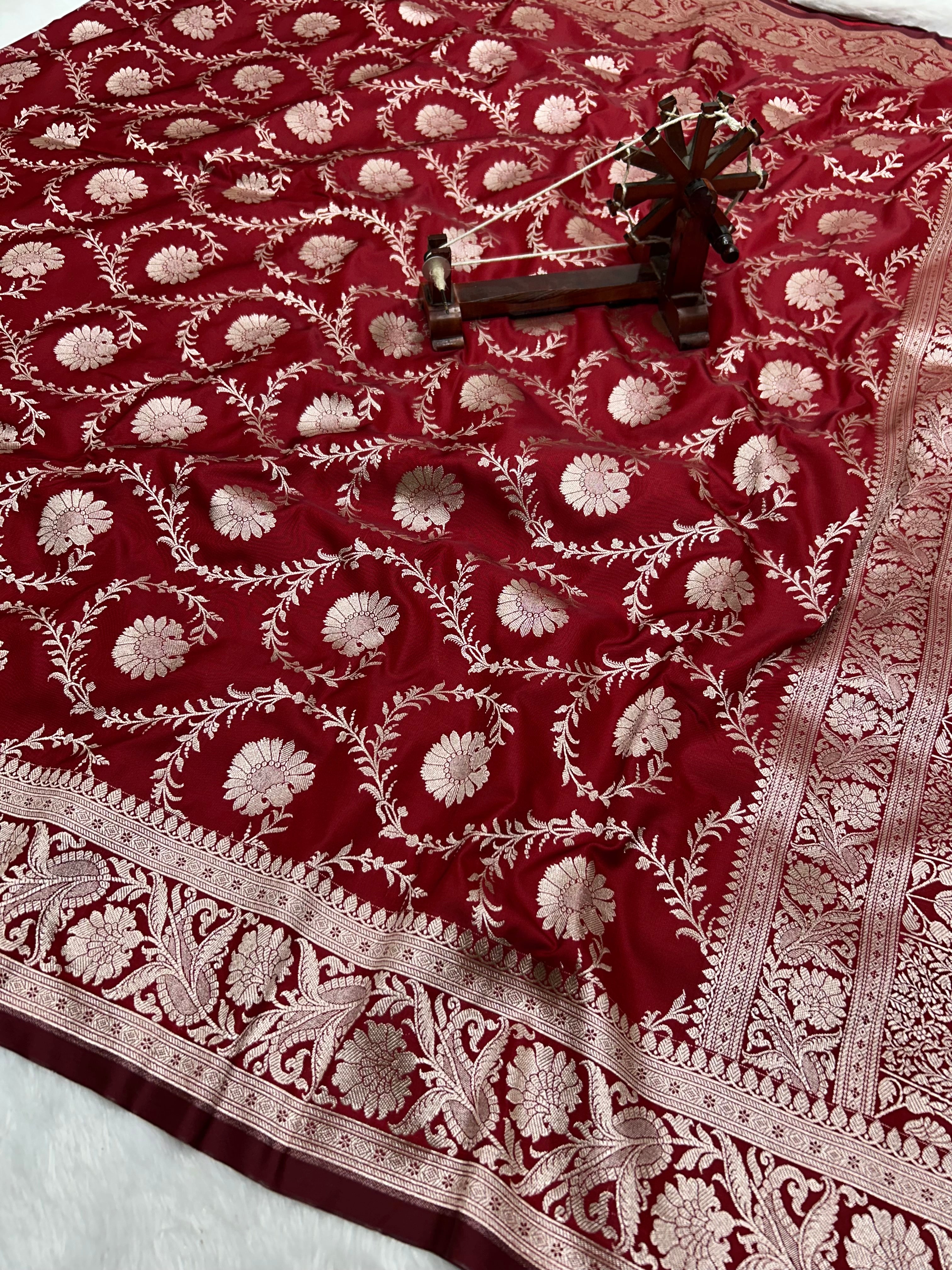 Banarasi Handloom Katan Mashru Traditional Jaal Weaving Red saree