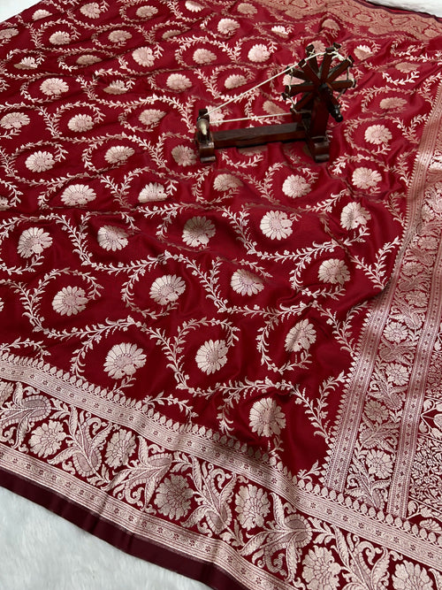 Banarasi Handloom Katan Mashru Traditional Jaal Weaving Red saree