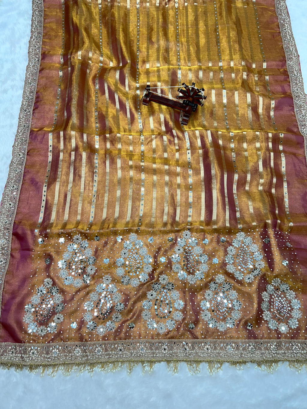 Pure Banarasi Tissue Silk Saree In Dual Tone With Heavy Mirror & Diamond Handwork