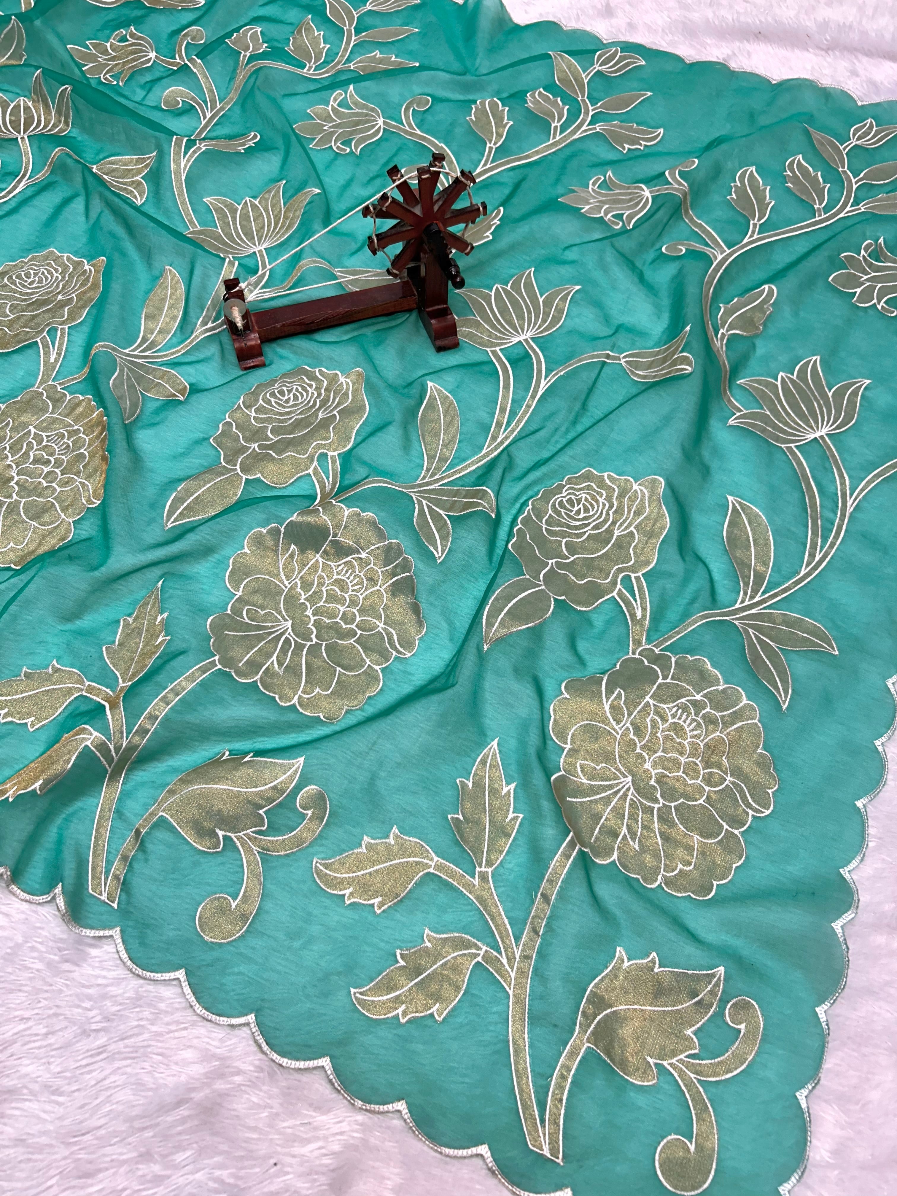 Designer Kora Organza With Elegant Applique Work & Scallop Border